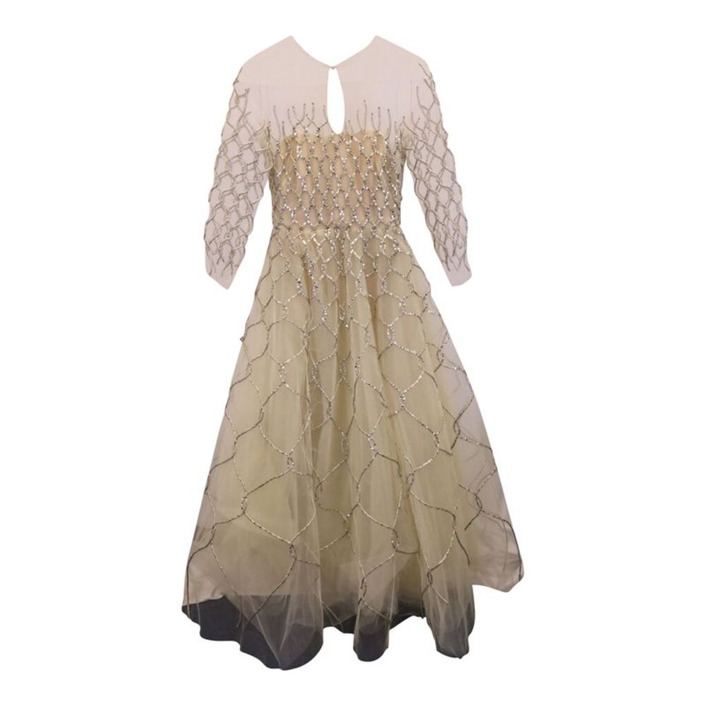 Oscar de la Renta Quarter-Sleeve Corded Gown in Cream Tulle